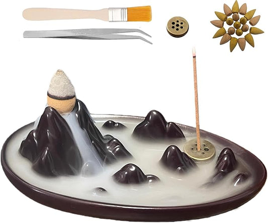 Backflow Incense Burner,Incense Holder,Ceramic Incense Burner with 20 Backflow Incense Cones,Tweezers and Brush