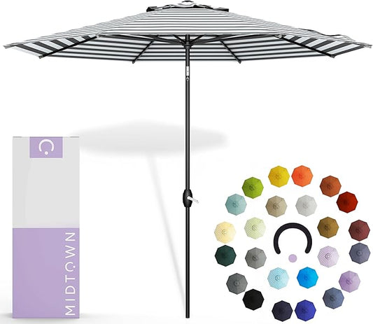 Midtown Umbrellas The Lean 6 Feet Outdoor Umbrella With Terylast Matter Stripes (Grey/White Stripes) Polyester Fabric - Auto-Tilt Aluminum Frame Patio Umbrella For Deck, Garden, Pool - Black Pole