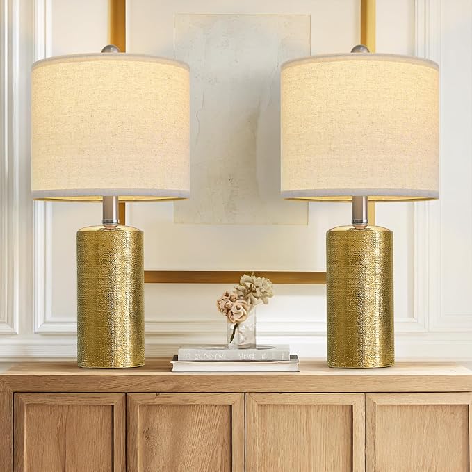 20.5" Small Table Lamps for Living Room Lamp Set of 2 Ceramic Lamps for Bedroom Bedside Lamps Modern Boho Lamps for Night Stands Farmhouse Nightstand Lamp Side End Table Lamp, Gold
