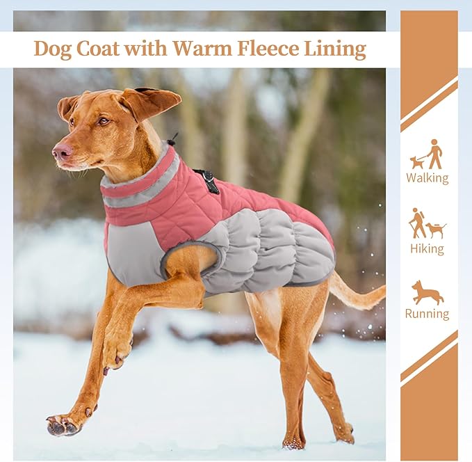 OUOBOB Winter Dog Coat,Large Dog Jacket,Waterproof Pet Jacket with Back Zipper,Pet Coat with Harness Built in,Warm Dogs Coat with Fleece Lined,Snow Jacket Clothes French Bulldog Shiba Inu,Pink,L