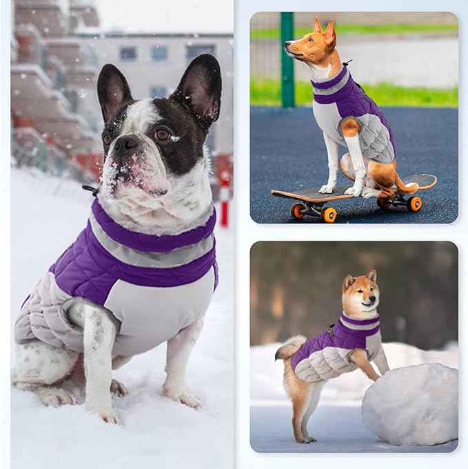OUOBOB Winter Dog Coat,Large Dog Jacket,Waterproof Pet Jacket with Back Zipper,Pet Coat with Harness Built in,Warm Dogs Coat with Fleece Lined, Snow Jacket Clothes French Bulldog Shiba Inu,Purple,L