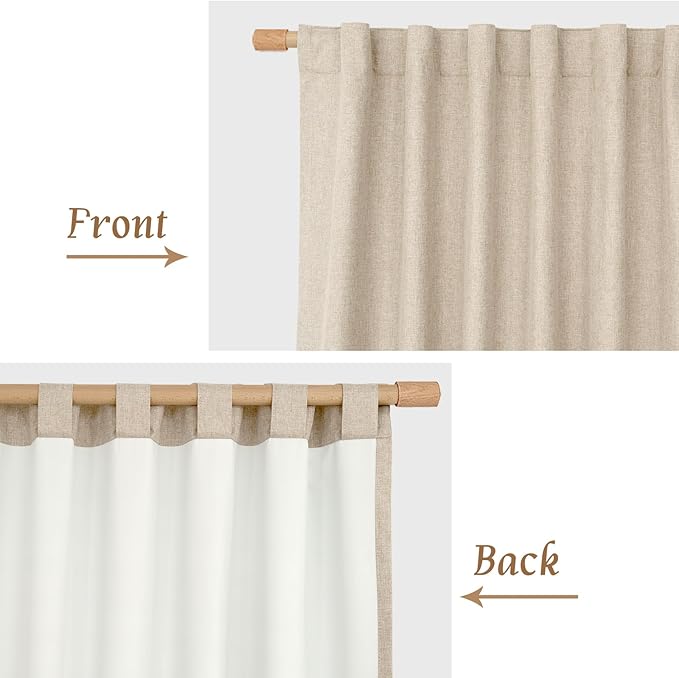 LAMIT Natural 100% Blackout Linen Curtains, 54 Inches Linen Textured Thermal Bedroom Curtains Back Tab and Rod Pocket Neutral Panels with White Liner for Farmhouse, 2 Panels, 42 x 54 Inch, Linen