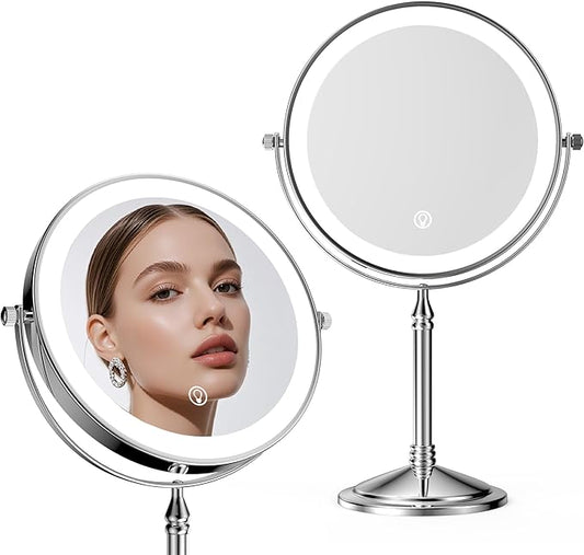 DOWRY 4000 mAh Rechargeable Lighted Makeup Mirror 20x Magnification Vanity Mirror Tabletop Two-Sided Swivel Gifts for Women Wife Mom Teengirls Chrome