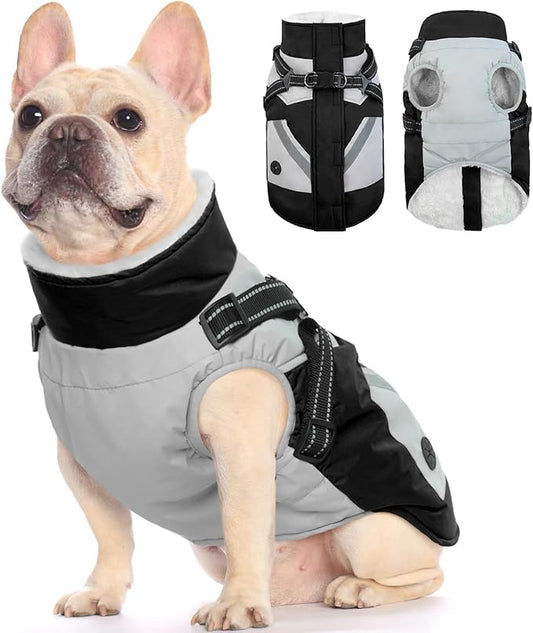 FUAMEY Dog Winter Jackets for Small Dogs,Dog Coat with Harness Built in,Waterproof Dogs Snowsuits Warm Pet Jacket Zip Up Fleece Cold Weather Coats Reflective Puppy Vest with Pocket Black XS