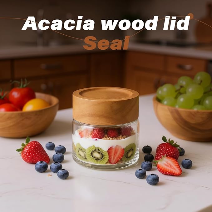 Zoaiirte 6-Pack 4 oz Stackable Airtight Glass Canisters with Acacia Lids - Small Mason Jars for Overnight Oats, Spice Storage, Herb Keepers, Pantry Organization and Dry Food Storage