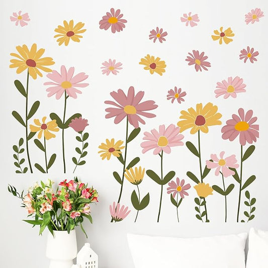 Mfault Floral Theme Wall Decals Stickers, Watercolor Flower Botanical Decorations Bedroom Art, Spring Summer Natural Wildflower Home Living Room Kitchen Decor