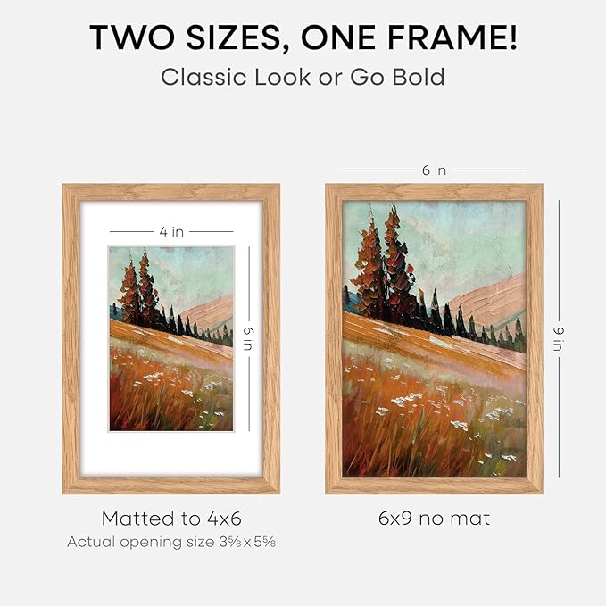 Homeforia 6x9 Picture Frame Natural Wood, High End Oak 6x9 Light Wooden Frames with Mat 4x6 for Photo, 6 x 9 Frame Matted to 4 x 6 Print, 9x6 Wall or Tabletop Frame, Tempered Glass, Wall Kit, Set of 1