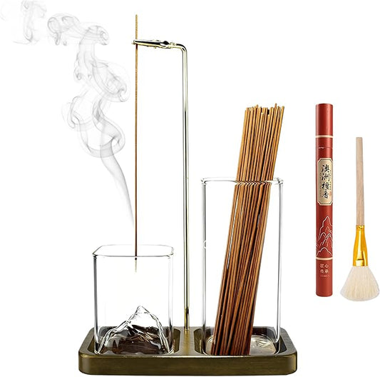 2 in 1 Incense Holder for Sticks, Anti-Ash Flying Burner with 40 Incense Sticks & Removable Glass Ash Catcher, Home Decor for Meditation Yoga Spa