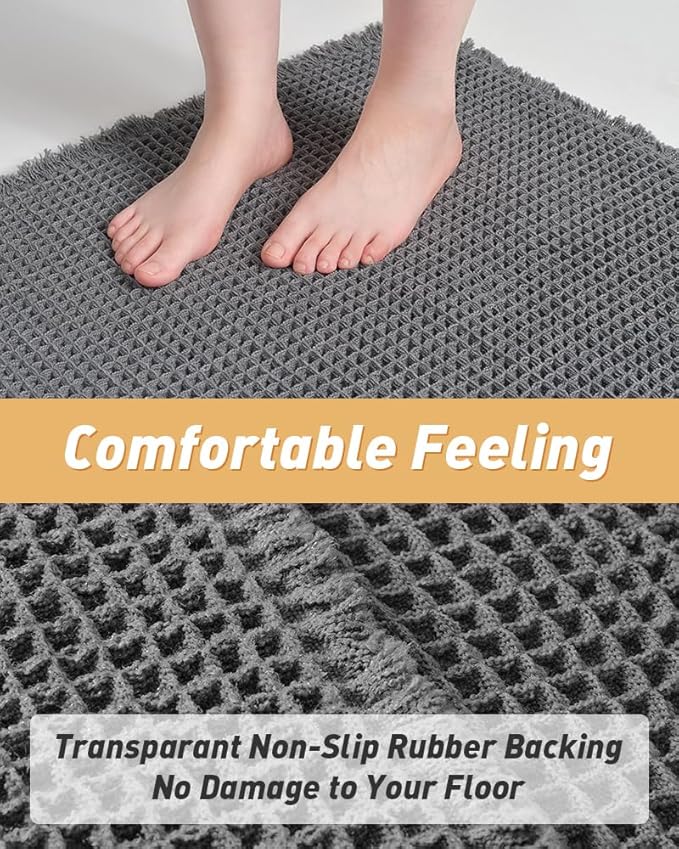 Upgraded Waffle Runner Rug Super Absorbent Non Slip Bath Mats for Bathroom Machine Washable Bathroom Runner Rug with Tassels, Ideal for Hallway Bedroom Laundry Room, Dark Grey, 2' x 5'(24" x 60")