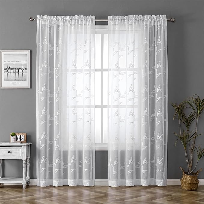 VISIONTEX White Sheer Curtains 120 Inches Long 2 Panels Set Embroidered Floral Leaf Pattern Rod Pocket Semi Sheer Voile Window Curtains/Drapes for Bedroom Living Room 54 x 120 Inches