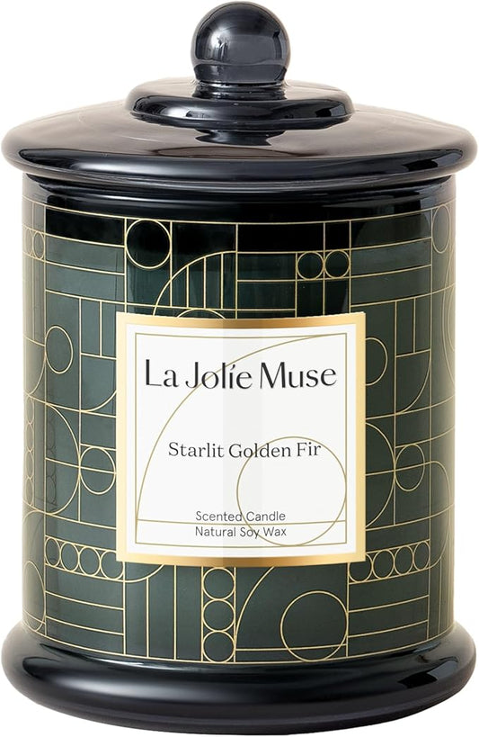LA JOLIE MUSE Starlit Golden Fir Scented Candle, Pine, Cedarwood & Fir Balsam, 75-Hour Long Burn, Natural Soy Wax, Decorative Glass Jar Candle with Gift Box