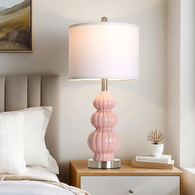 26.5" Pink Ceramic Table Lamps Set of 2, Modern Bedside Lamps for Girls Room, Triple Gourd Table Lamp for Living Room End Table or Bedroom Nightstand (2 LED Bulbs Included)
