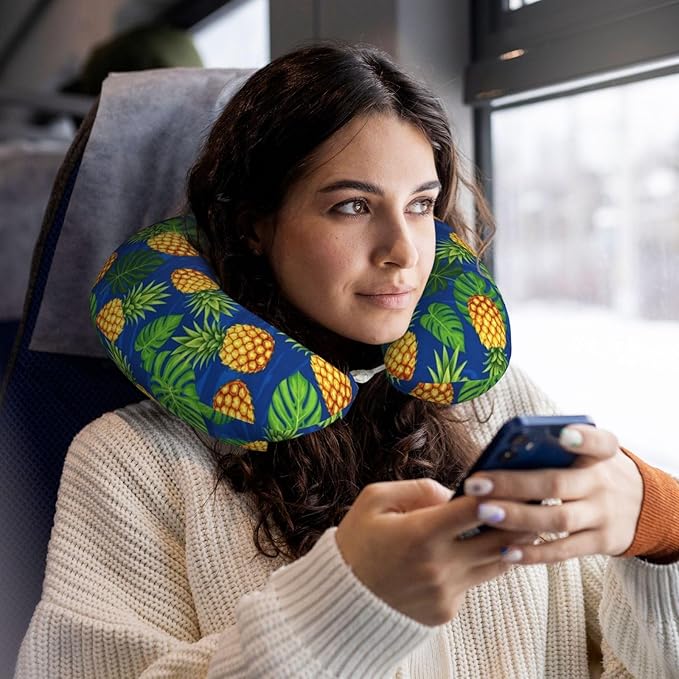 Neck Support Pillow, Comfortable Memory Foam Car/Flight/Airplane Chin Pillows U Shaped Cushion for Office Travel Sleeping Tropical Banana Palm Leaves Pineapples