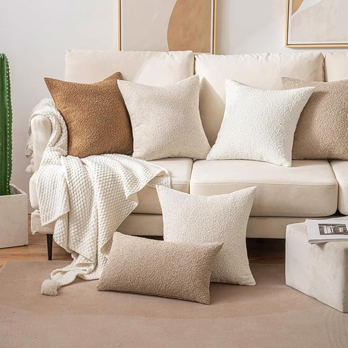 MIULEE 18x18 Inch Decorative Pillow Covers for Couch Bed Set of 2 Textured Boucle Neutral Winter Throw Pillows Khaki Accent Solid Cushion Pillowcases Sofa Livingroom Home Decor