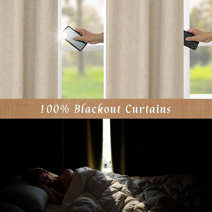 LAMIT 100% Blackout Natural Linen Curtains, 80 Inches Linen Textured Thermal Bedroom Curtains Back Tab and Rod Pocket Neutral Panels with White Liner for Farmhouse, 2 Panels, 52 x 80 Inch, Linen