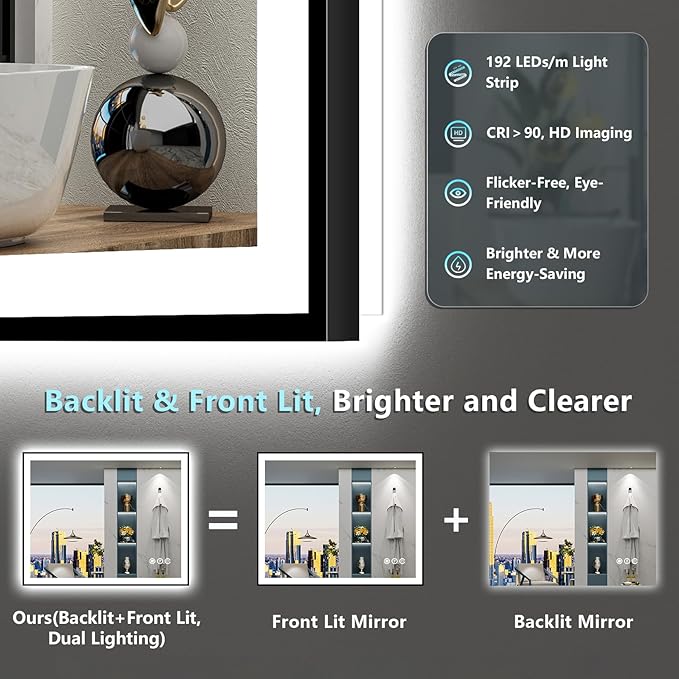 32x36 Black Framed LED Bathroom Mirror with Lights, Backlit & Front Lit, Anti-Fog Lighted Vanity Mirror for Bathroom Wall, 3 Colors, Dimmable, Memory, HD Tempered Glass, Horizontal/Vertical