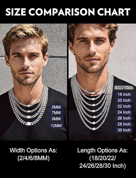 Bandmax Mens Stainless Steel Chain Necklaces 5/7/9/12MM Chunky Miami Cuban Link Chain Necklace Bracelet Silver/Gold Plated/Black Chains for Men 18"-30"