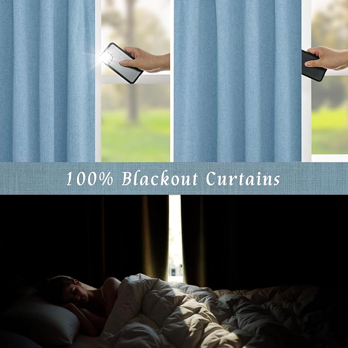 LAMIT 100% Blackout Blue Linen Curtains, 63 Inches Linen Textured Thermal Bedroom Curtains Back Tab and Rod Pocket Neutral Panels with White Liner for Boys' Room, 2 Panels, 52 x 63 Inch