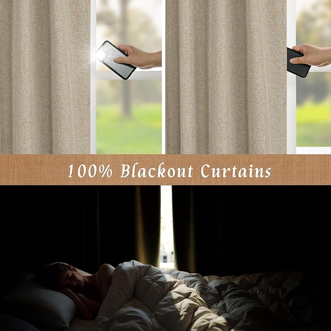 LAMIT Linen Full Blackout Window Curtains for Bedroom, 54 Inches Thermal Farmhouse Curtains Back Tab and Rod Pocket Privacy Protected Burlap Panels with White Liner, 2 Panels, 52 x 54 Inch, Taupe