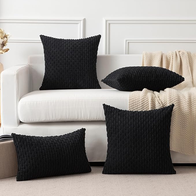 Kevin Textile Set of 2 Decorative Pillow Cover Solid Striped Corduroy Plush Velvet Cushion Cover for Couch 50cm 20 x 20 Inch Black