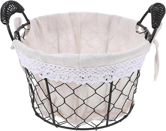 Metal Wire Storage Basket with Handle and Fabric Liner Round Rustic Bread and Candy Basket for Table Fruit Organizer for Home Decor