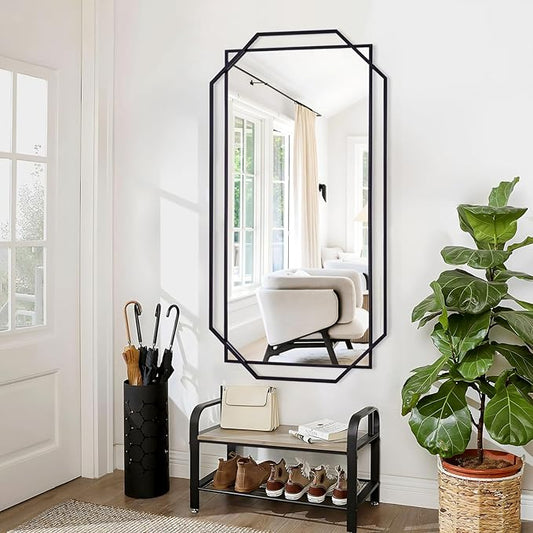 55"x28" Black Large Decorative Bathroom Wall Mirror for Wall with Metal Frame, Modern Octagonal Horizontal Mirror for Living Room, Bedroom, Entryway