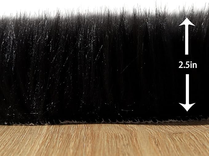 Fluffy Faux Fur Rug Black Sheepskin Area Rug,2x4 Ft Ultra Soft Shaggy Plush Rug for Bedroom Bedside Living Room Nursery Kids Room
