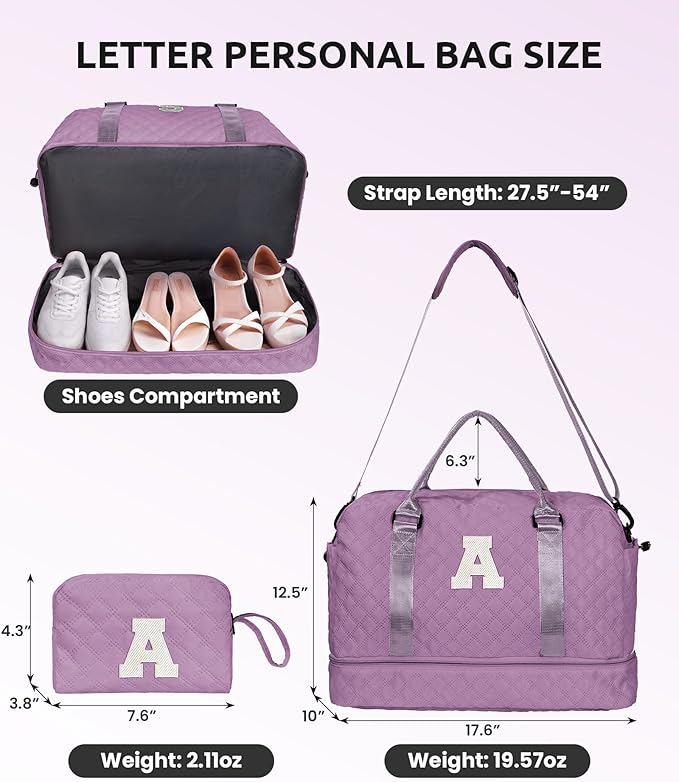 Vogewood Girl Duffle Bag with Shoe Compartment, Tween Weekend Duffle Bag, Monogram Overnight Bag for Women with Trolley Sleeve & Wet Pocket, Letter Kids Travel Bag with Makeup Bag (Letter K)