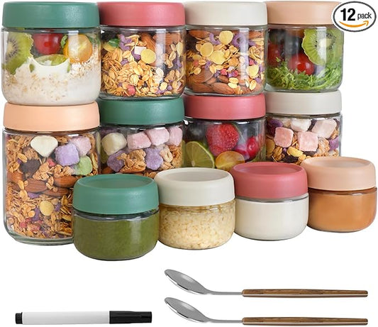 12Pack Overnight Oats Containers with Lids, 16oz, 8oz & 4oz Glass Jars with Airtight Lids, Wide mouth Mason Salad jars, Glass Food Storage Containers for Yogurt Chia Pudding Snacks Cereal & Spices