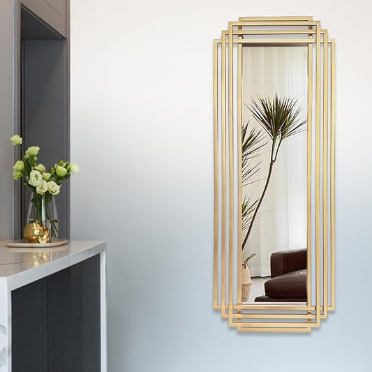 Modern Rectangle Mirror, 42"x16" Geometric Art Deco Mirror with Metal Frame, Gold Elegant Mirrors for Living Room Bedroom Bathroom Entryway Hallway, Hangs Vertically or Horizontally