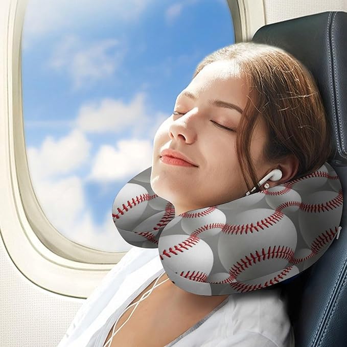 Pain Relief Travel Neck Pillow Sport Baseballs, Memory Foam U Shaped Support, Breathable Zip Cover for Airplane Car Office Men Women