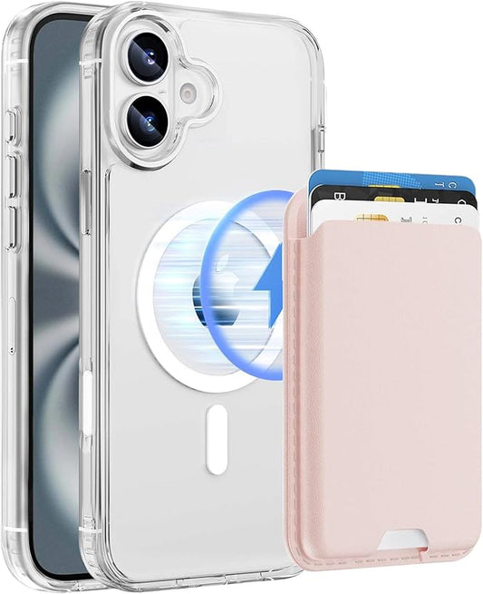 Ntwinro Magnetic for iPhone 16 Clear Case (Compatible with MagSafe) with Pink Detachable Wallet & Card Holder for 3 Cards [RFID Blocking] Military Grade Protective Slim Phone Cover