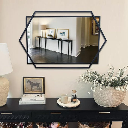 Black Bathroom Mirror, 20"x32" Decorative Mirror for Living Room with Hexagon and Rectangular Metal Frame, Entryway Mirror for Wall Decor, Vertical or Horizontal Hanging