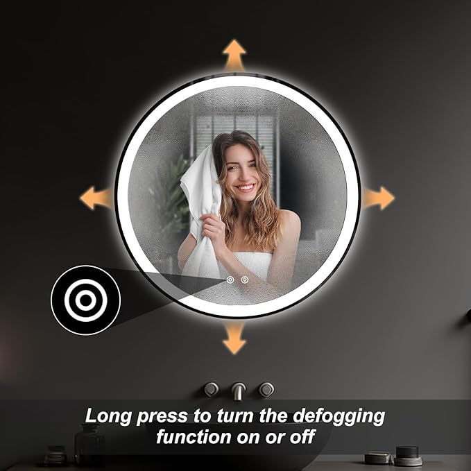 Sweetcrispy 28 Inch Round LED Bathroom Mirror with Lights, Circle Vanity Mirror with Anti-Fog, Dimmable, 3-Color Light, Memory Function, Tempered Glass