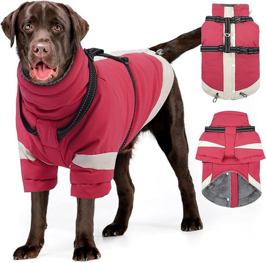 MIGOHI Thermal Large Dog Coat with Harness Waterproof Jacket for Large Dogs,Thick Dog Winter Coat,Snow Jacket for Dogs Windproof for Hunting Camping Chilly Days,Doberman,Great Dane,XXXL,Pink