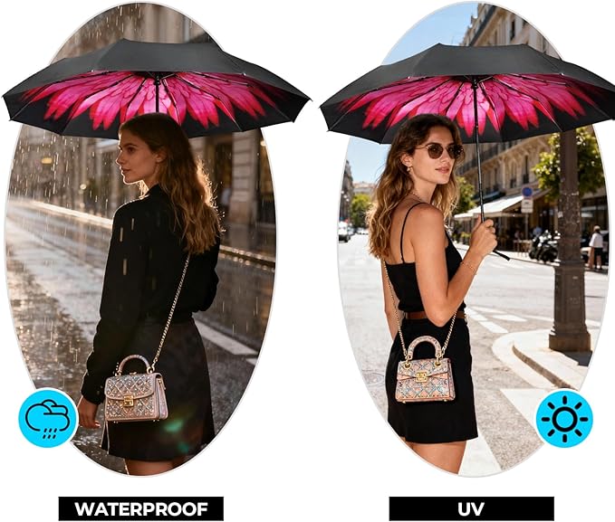 LLanxiry Compact Travel Umbrella, Automatic Open/Close Windproof Umbrella, 10 Fiberglass Ribs, 210T Pongee, UPF 50+ Sun/Rain, Lightweight Portable Umbrellas Travel Size with Carry Sleeve