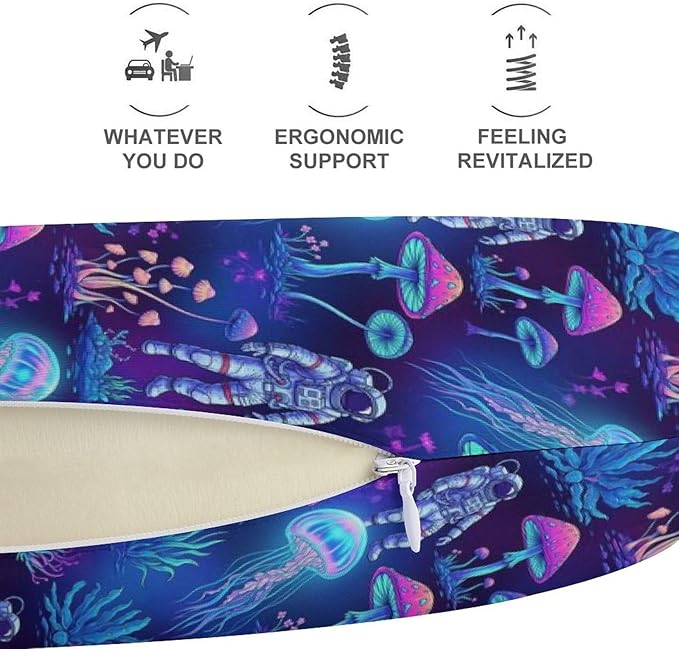 Lightweight Travel Neck Pillow Underwater Jellyfish Astronauts Mushroom Art Memory Foam U Shaped Cushion, Washable Removable Cover for Airplane Car Outdoor Rest