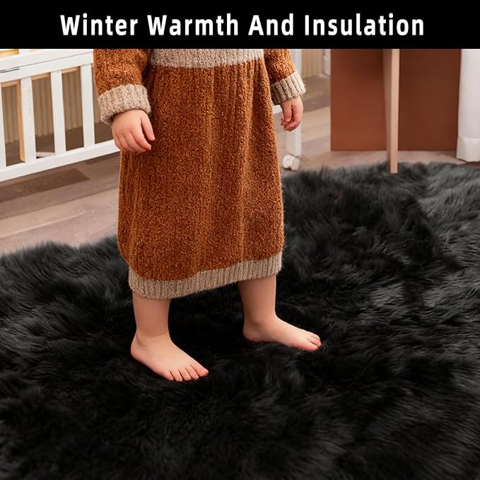 Black Faux Fur Sheepskin Area Rug for Living Room Bedroom, 4 x 6 Feet Ultra Soft Shaggy Fuzzy Furry Carpet Chair Throw Large Rugs for Kids, Girls, Nursery Room Decor Dorms