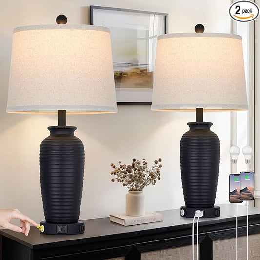 25" Retro Black Farmhouse Jar Table Lamps Set of 2, 3 Way Touch Control Rustic Bedside Lamps with USB A+C Ports & AC Outlet, Pot Nightstand Lamps for Bedroom Living Room (LED Bulbs Included)