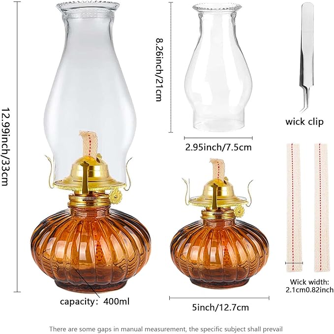 Large Oil Lamp for Indoor Use,Rustic Kerosene Lamp with 2 Pcs Wicks and 1 Tweezers,Glass Hurricane Lantern for Home Emergency Lighting (Brown)