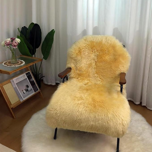 Genuine Sheepskin Rug New Zealand Luxury Lambskin Rug, Natural Fluffy Sheepskin Throw for Bedroom Living Room Children's Room - Premium Area Rug Chair Cover (Yellow, 2×3 Feet)