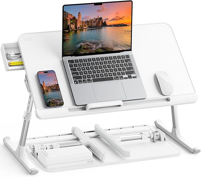 SAIJI Laptop Bed Tray Table, Adjustable PVC Leather Laptop Bed Table, Portable Standing Desk with Storage Drawer, Foldable Lap Tablet Table for Sofa Couch Floor (Large,White)