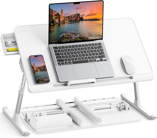 SAIJI Laptop Bed Tray Table, Adjustable PVC Leather Laptop Bed Table, Portable Standing Desk with Storage Drawer, Foldable Lap Tablet Table for Sofa Couch Floor (Large,White)