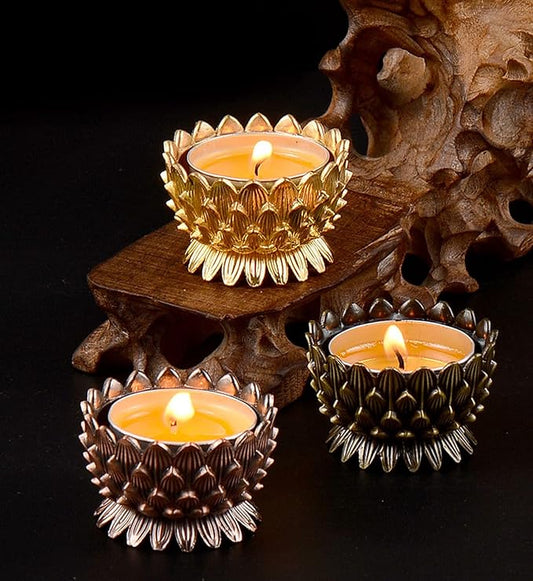 Lotus Flower Votive Tealight Candle Holder,Copper Buddhist Candlestick Holder,Tibetan Buddhist Water Offering Cup,Oil Lamp Holder for Meditation Buddha Altar with 4PCS Floating Canldes (Bronze)