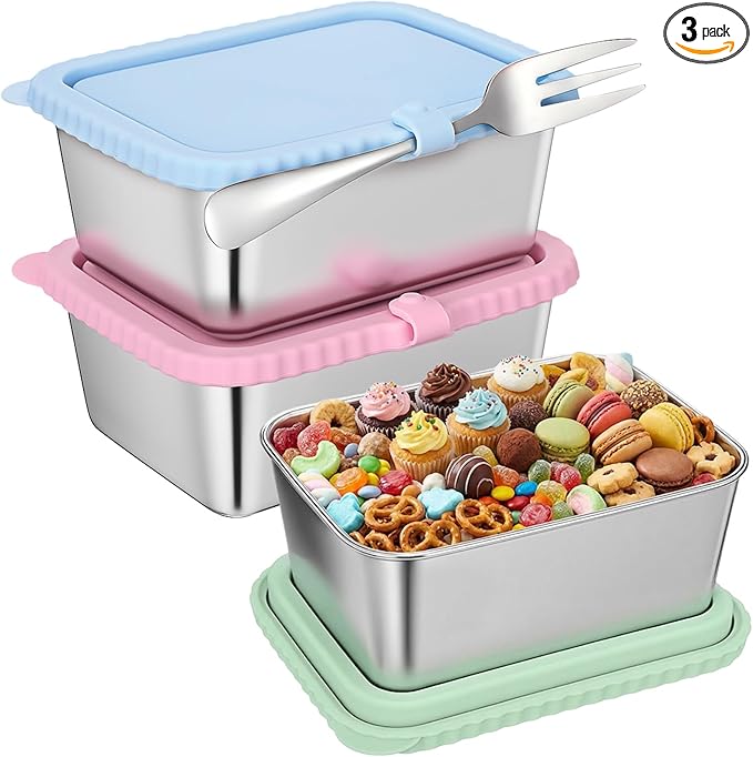 Acellegic Stainless Steel Snack Containers with Silicone Lids, 15 oz Reusable Food Storage Deli Containers for Meal, Leak Proof, Easy Open BPA Free Daycare and School(Blue, Pink, Green,3 Pack)