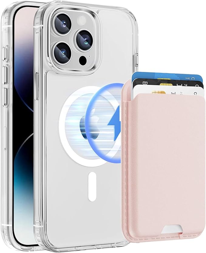 Ntwinro Magnetic for iPhone 13 Pro Clear Case (Compatible with MagSafe) with Pink Detachable Wallet & Card Holder for 3 Cards [RFID Blocking] Military Grade Protective Slim Phone Cover
