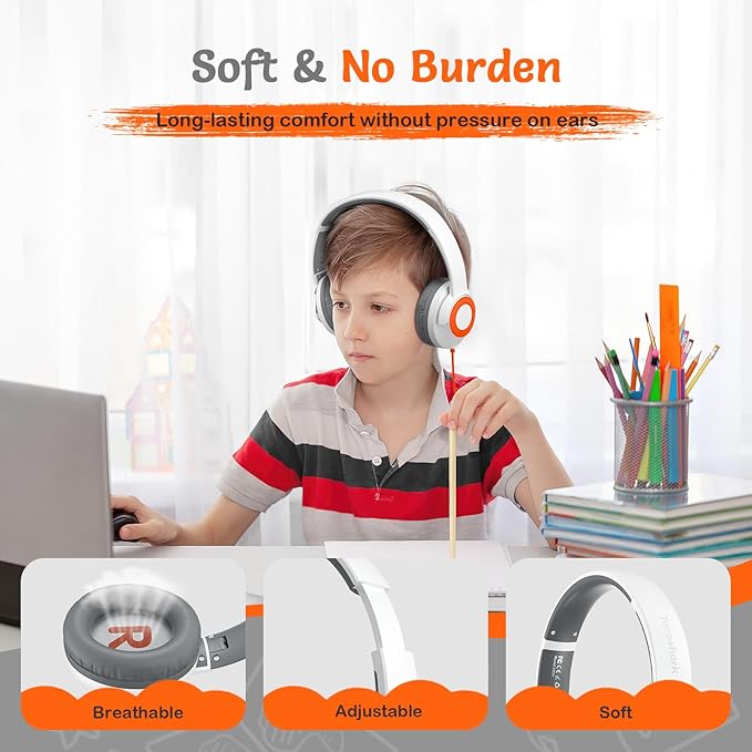 Kids Wired Headphones with Microphone, Volume Limited to 85/94dB, Foldable 3.5mm Jack Headset for Girls, Pink Over-Ear Headphones for School, Study & Travel, Includes Carry Case（White）