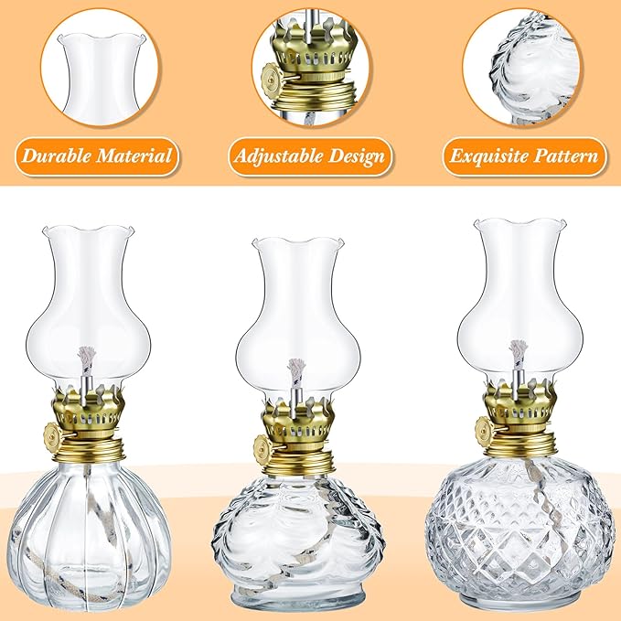 Yexiya 6 Pcs Chamber Oil Lamps Oil Lamp Vintage Glass Kerosene Lamp Bulk with Adjustable Fire Wick Rustic Clear Hurricane with 6.6 ft Extra Wick for Indoor Use Home Decor 8 Inch (Vivid)