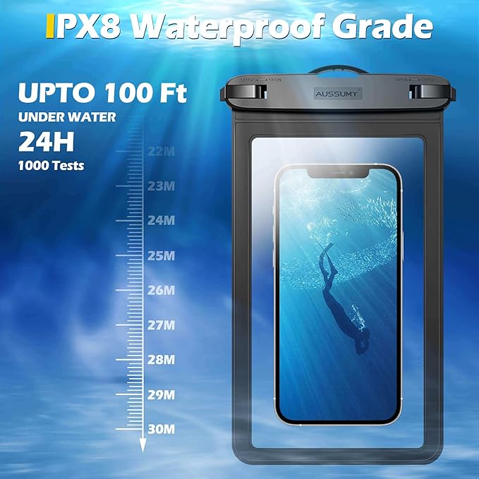 4 Pack 10.5“ Large Waterproof Phone Pouch - Underwater Clear Cell Holder - Universal Water Proof Dry Bag with Neck Lanyard for iPhone 17 Pro Max Samsung Galaxy with Heavy Case for Beach Swimming Pool