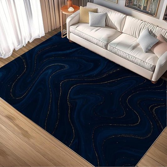 Luxury Marble Rug - 6x9 Area Rugs, Navy Blue Marble Kids Rugs, Modern Abstract Area Rug, Washable & Non Slip Large Rug Home Decor